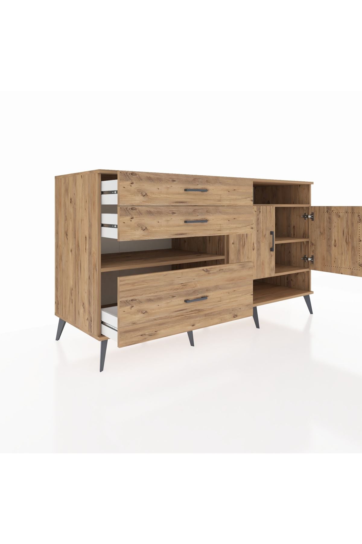 Kronos Konsol 4 Raflı 3 Çekmeceli 2 Kapaklı 176x59x99 Çam-Çam