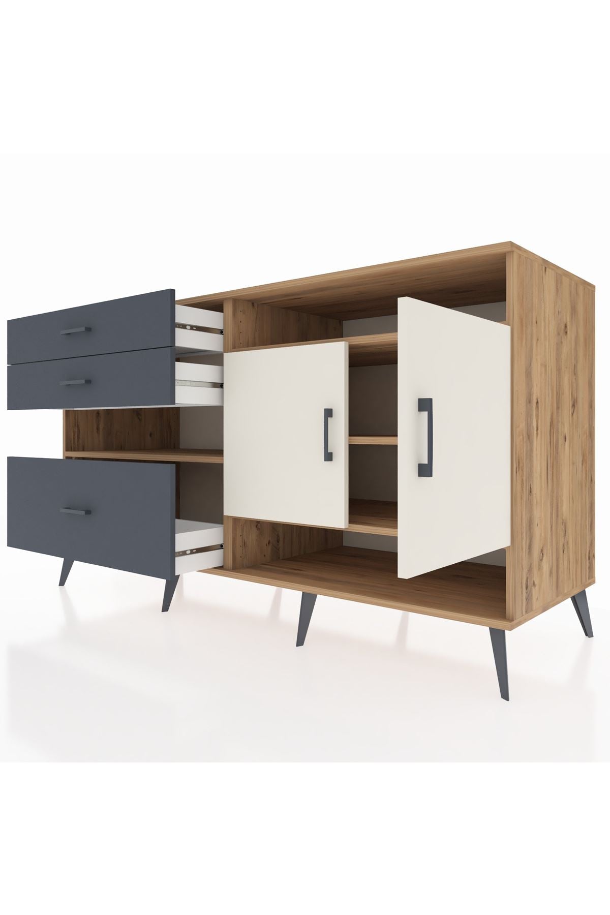 Kronos Konsol 4 Raflı 3 Çekmeceli 2 Kapaklı 176x59x99 Çam-Aytaşı/Antrasit