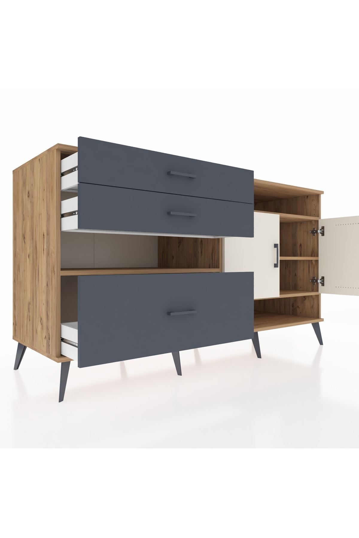 Kronos Konsol 4 Raflı 3 Çekmeceli 2 Kapaklı 176x59x99 Çam-Aytaşı/Antrasit