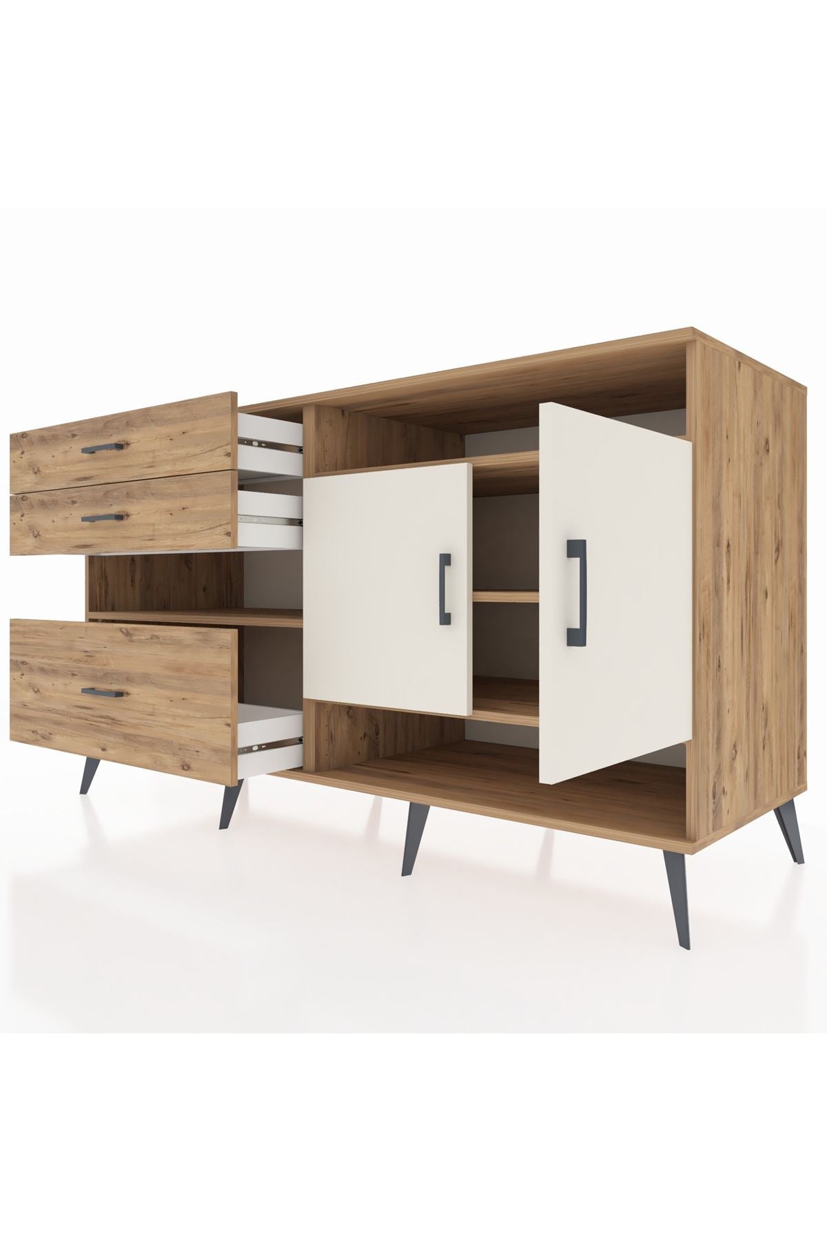 Kronos Konsol 4 Raflı 3 Çekmeceli 2 Kapaklı 176x59x99 Çam-Aytaşı/Çam