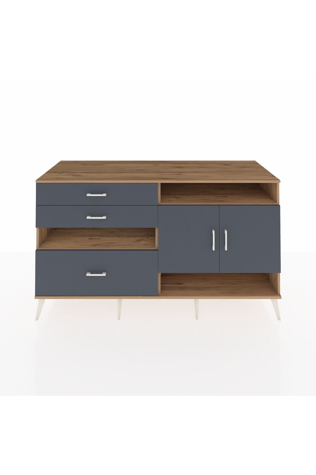 Kronos Konsol 4 Raflı 3 Çekmeceli 2 Kapaklı 176x59x99 Çam-Antrasit