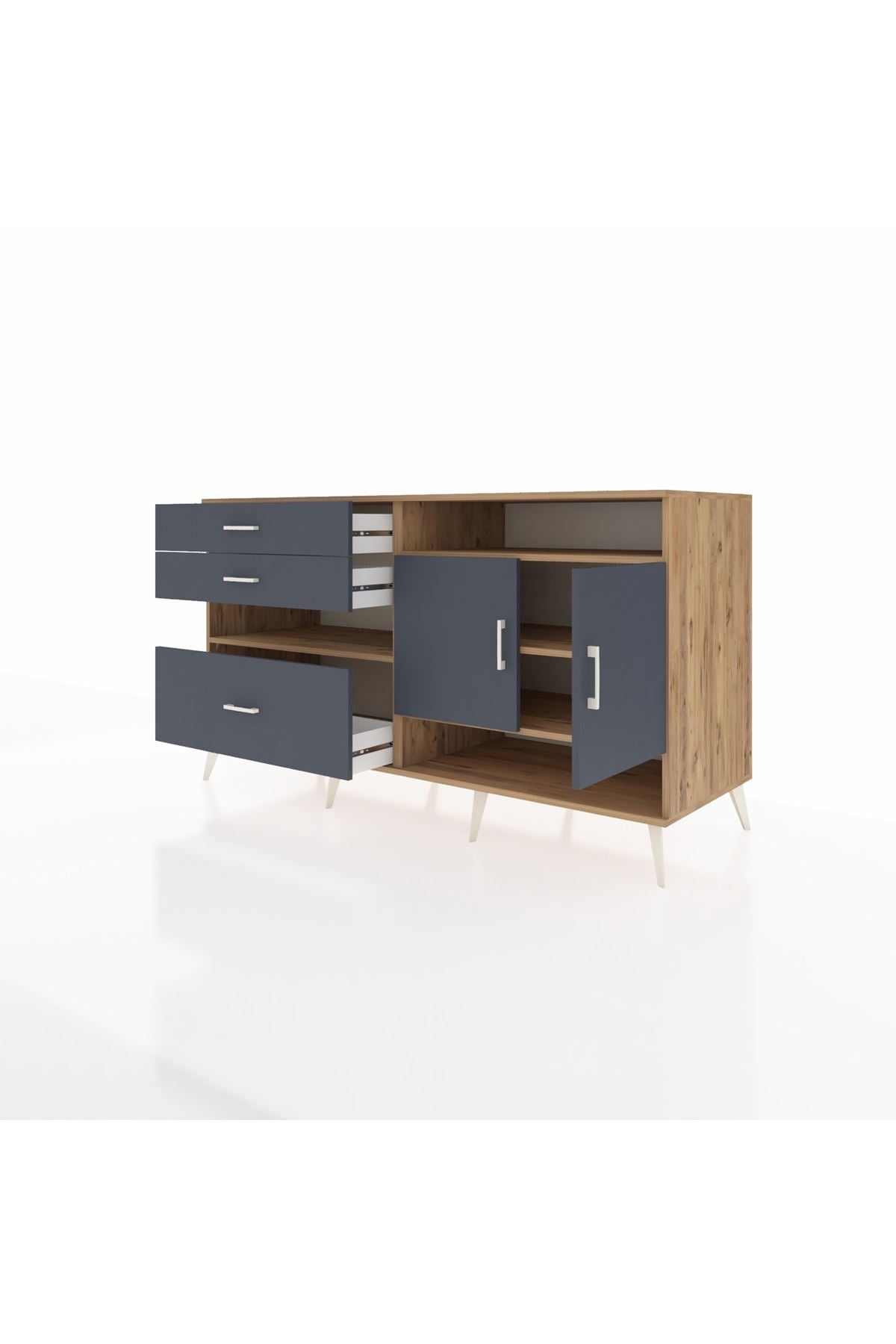 Kronos Konsol 4 Raflı 3 Çekmeceli 2 Kapaklı 176x59x99 Çam-Antrasit