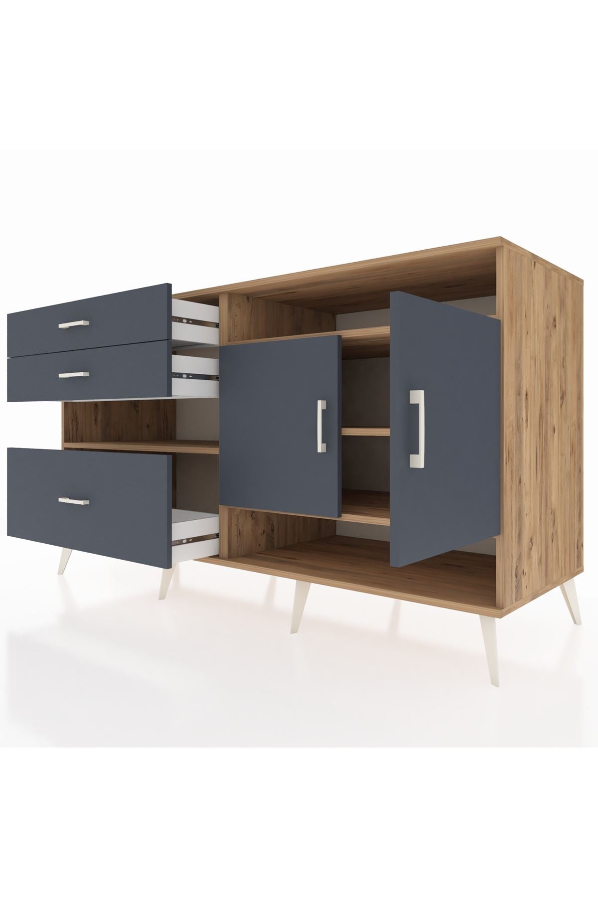 Kronos Konsol 4 Raflı 3 Çekmeceli 2 Kapaklı 176x59x99 Çam-Antrasit