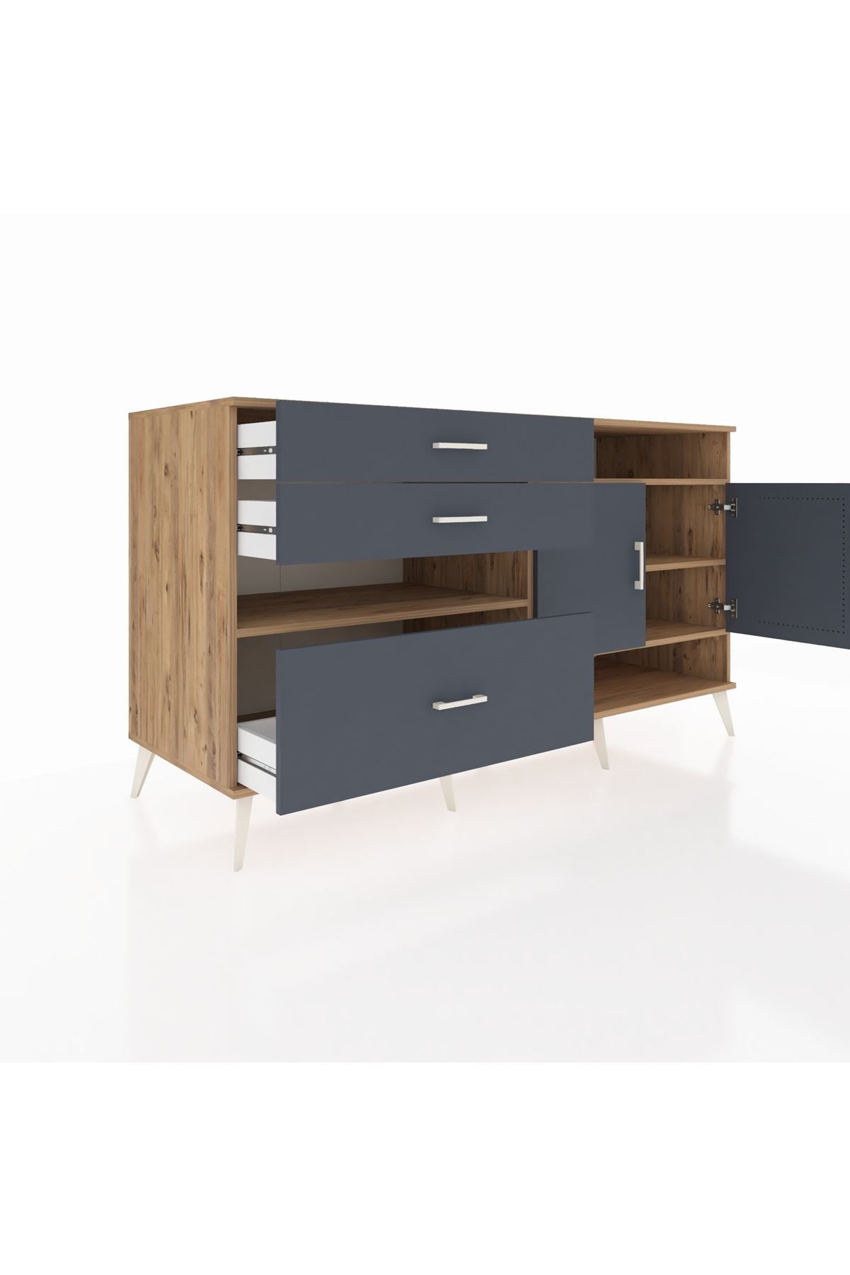 Kronos Konsol 4 Raflı 3 Çekmeceli 2 Kapaklı 176x59x99 Çam-Antrasit