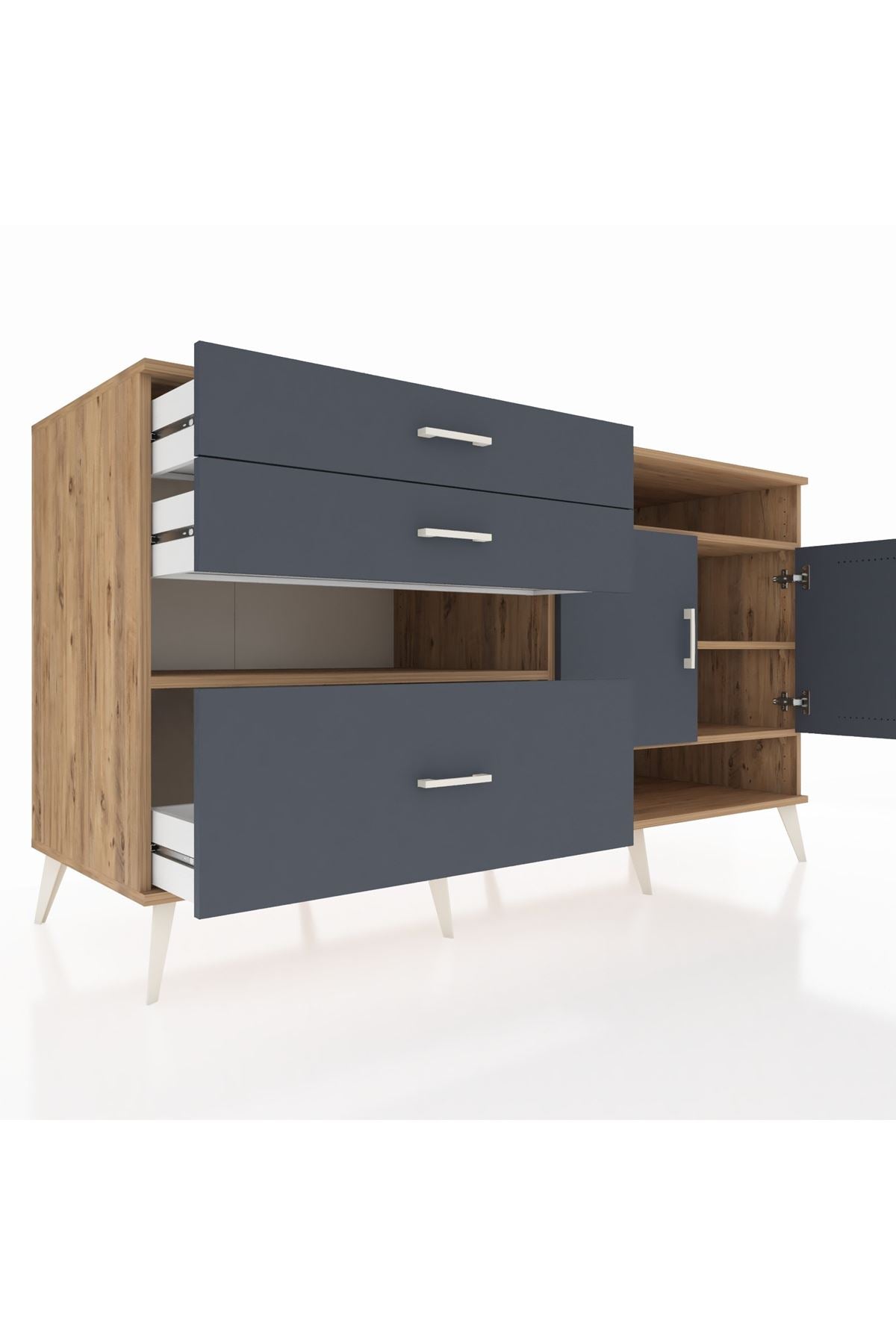 Kronos Konsol 4 Raflı 3 Çekmeceli 2 Kapaklı 176x59x99 Çam-Antrasit