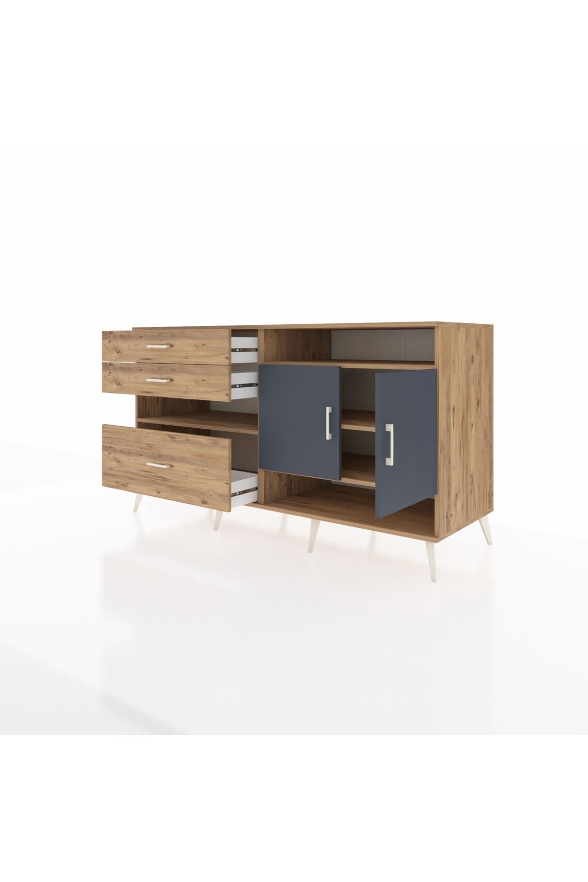 Kronos Konsol 4 Raflı 3 Çekmeceli 2 Kapaklı 176x59x99 Çam-Antrasit/Çam