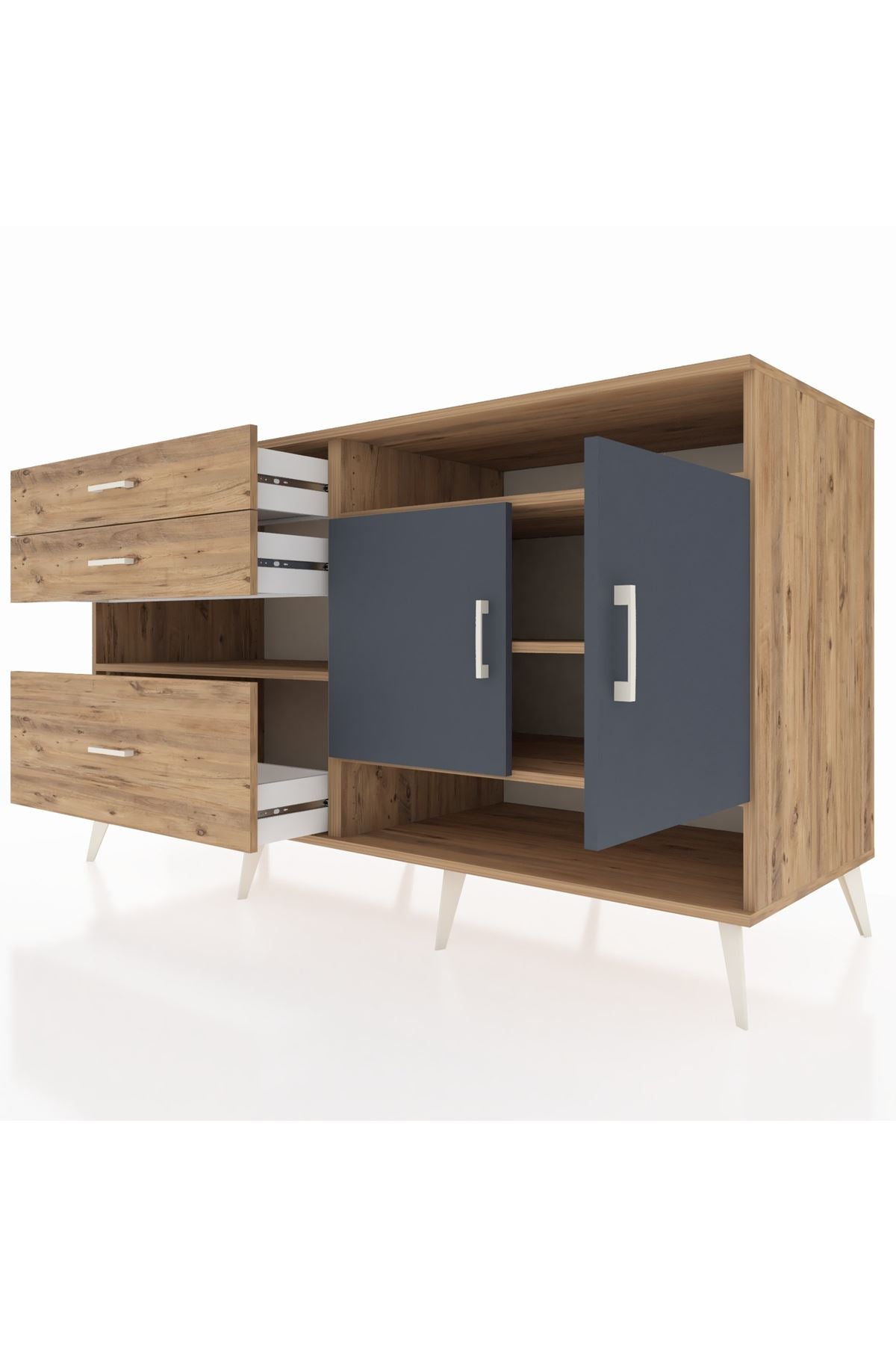 Kronos Konsol 4 Raflı 3 Çekmeceli 2 Kapaklı 176x59x99 Çam-Antrasit/Çam