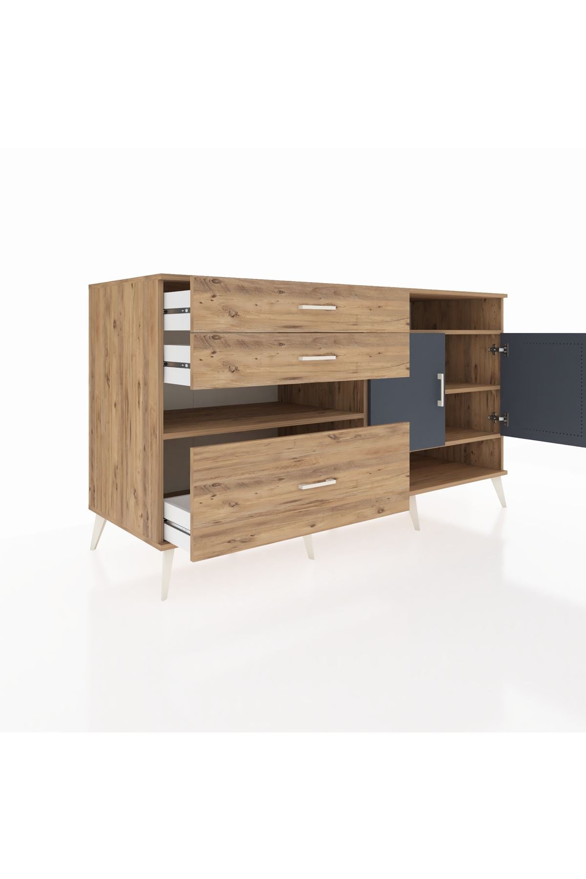 Kronos Konsol 4 Raflı 3 Çekmeceli 2 Kapaklı 176x59x99 Çam-Antrasit/Çam