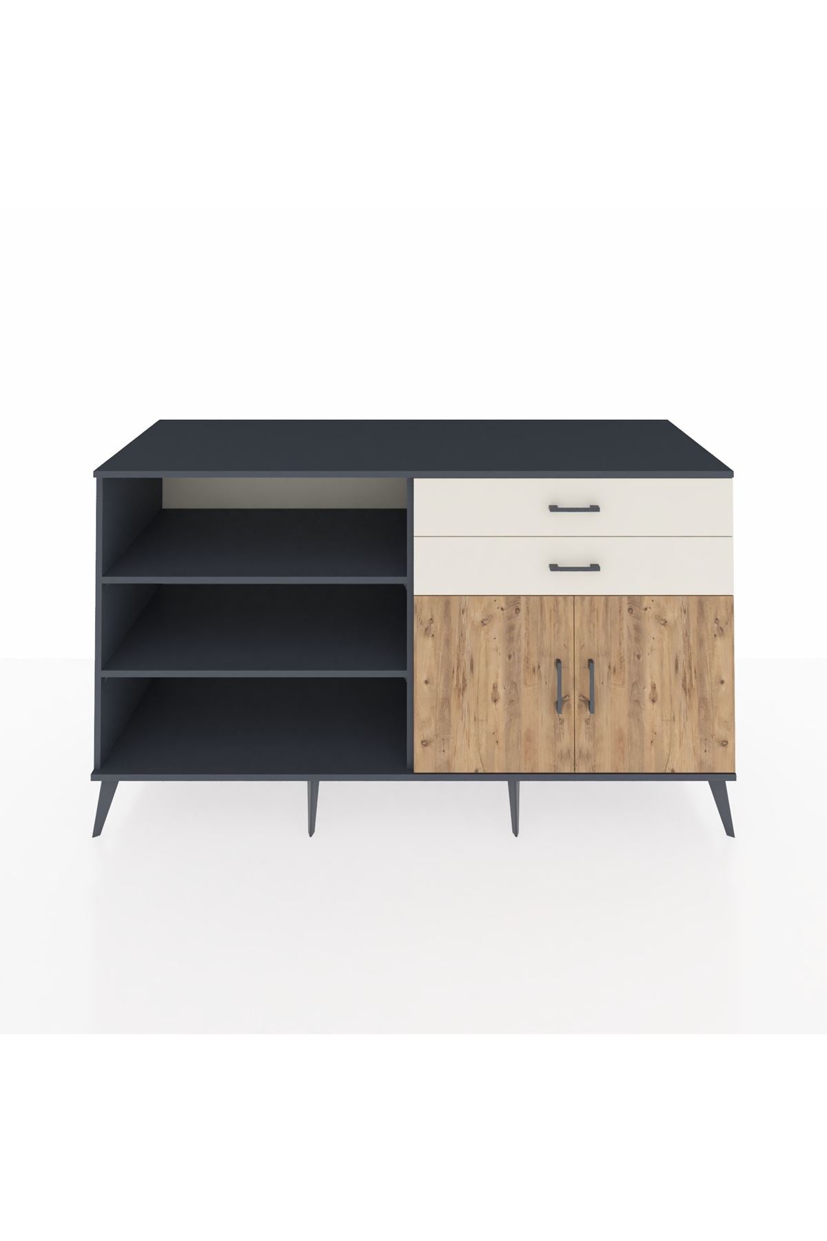 Kronos Konsol 3 Raflı 2 Çekmeceli 2 Kapaklı 176x59x99 Antrasit-Çam/Aytaşı