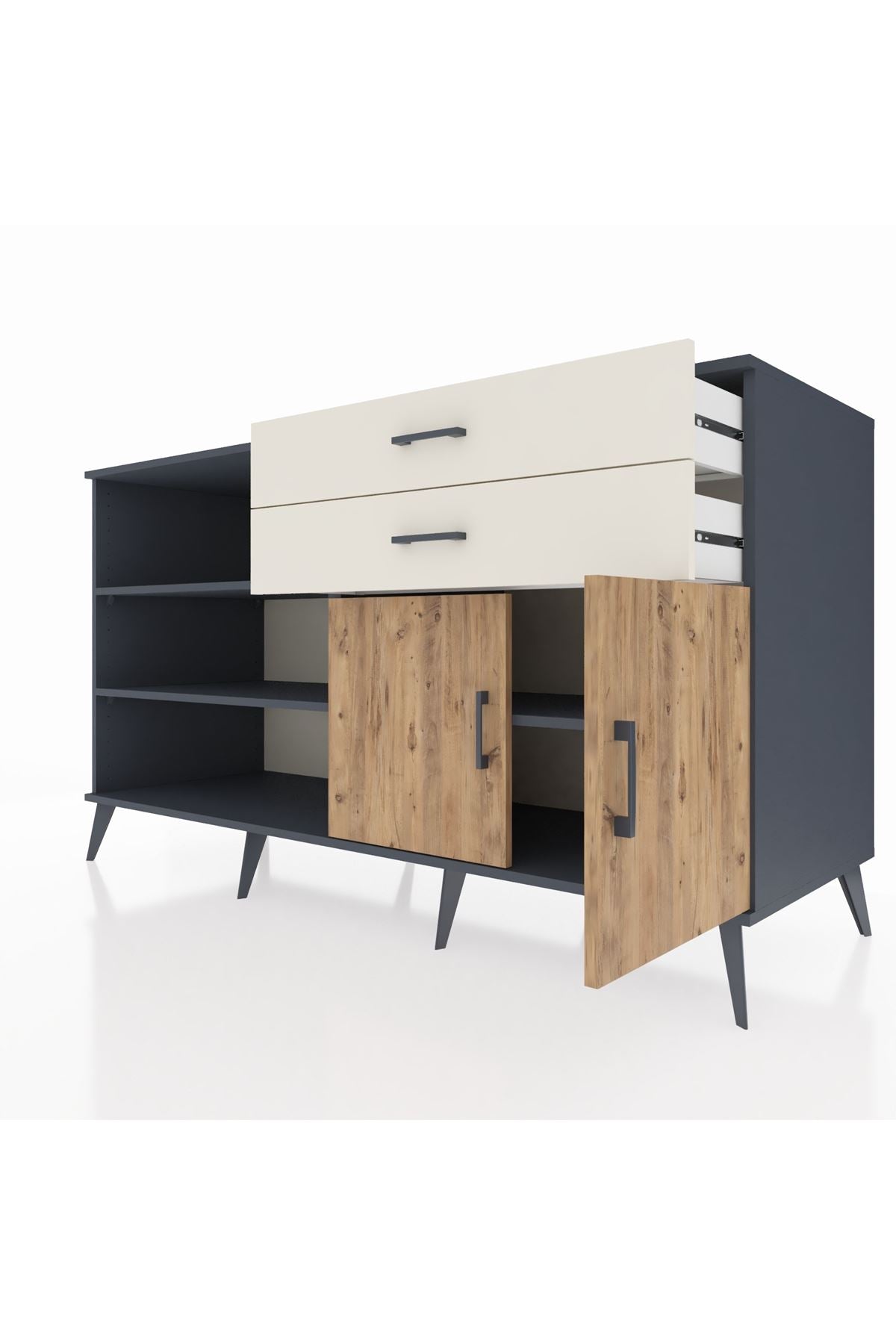 Kronos Konsol 3 Raflı 2 Çekmeceli 2 Kapaklı 176x59x99 Antrasit-Çam/Aytaşı