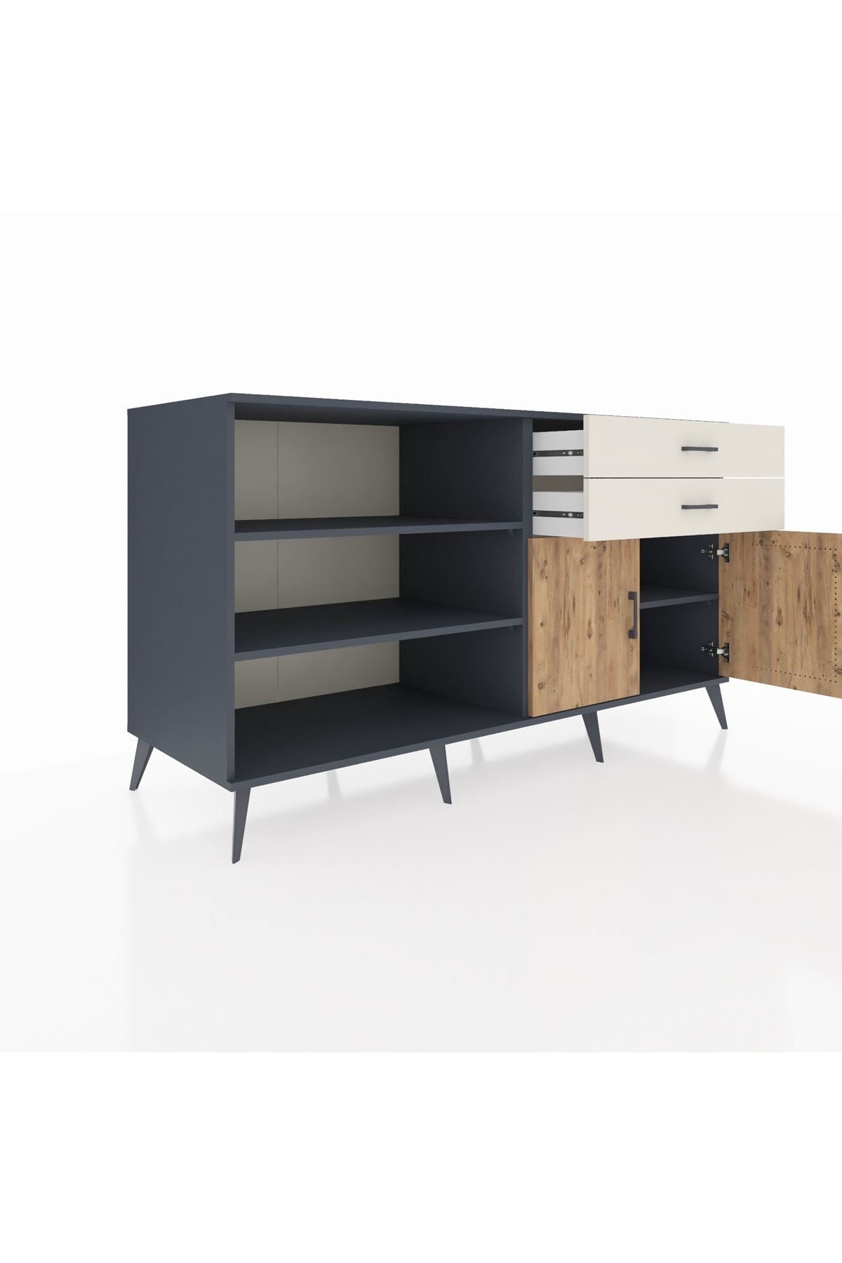 Kronos Konsol 3 Raflı 2 Çekmeceli 2 Kapaklı 176x59x99 Antrasit-Çam/Aytaşı