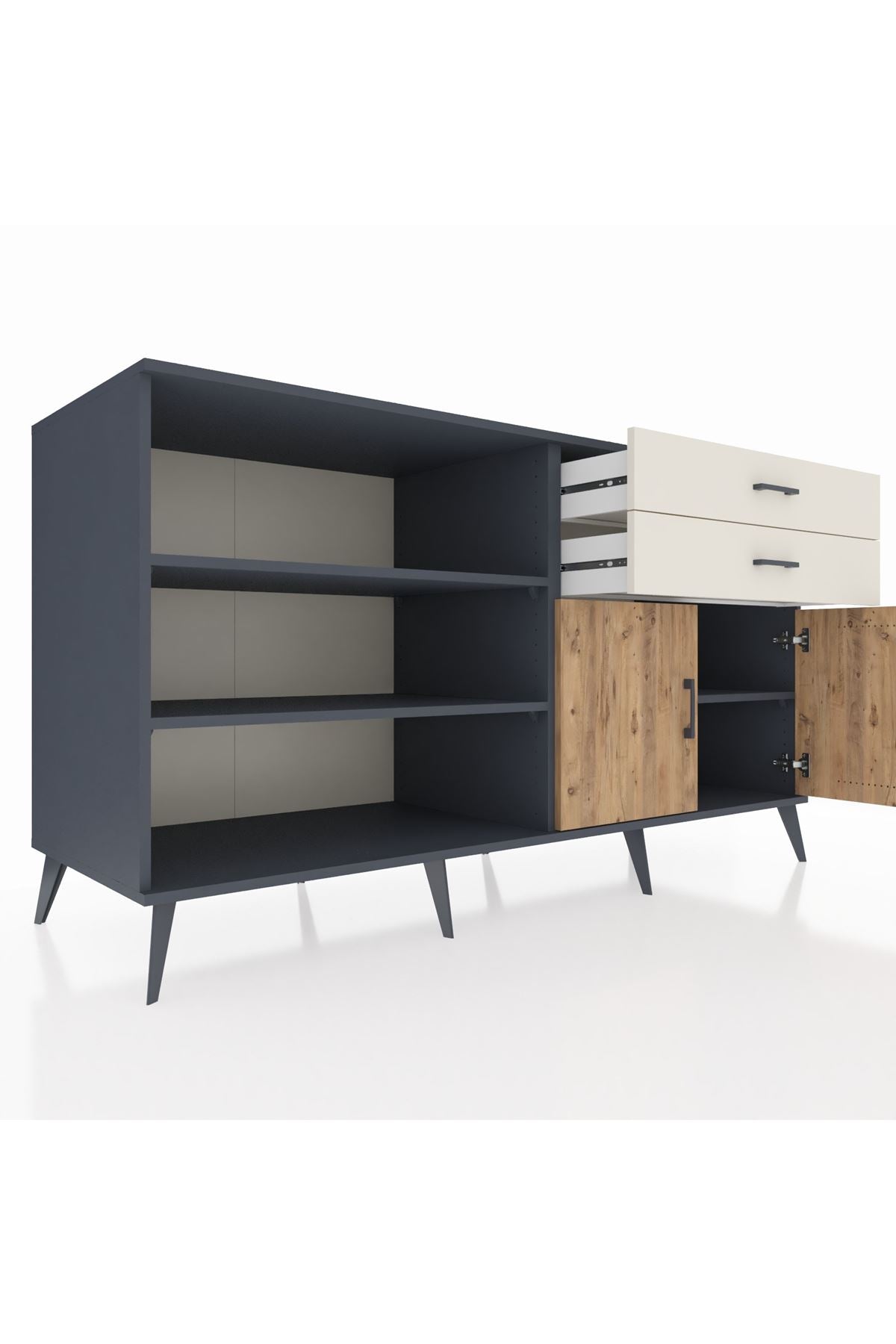 Kronos Konsol 3 Raflı 2 Çekmeceli 2 Kapaklı 176x59x99 Antrasit-Çam/Aytaşı