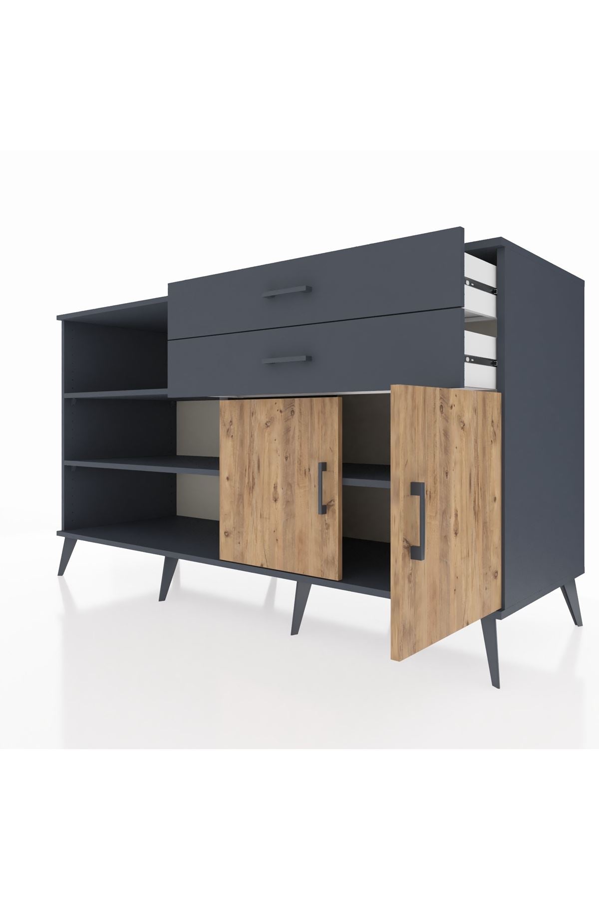 Kronos Konsol 3 Raflı 2 Çekmeceli 2 Kapaklı 176x59x99 Antrasit-Çam/Antrasit