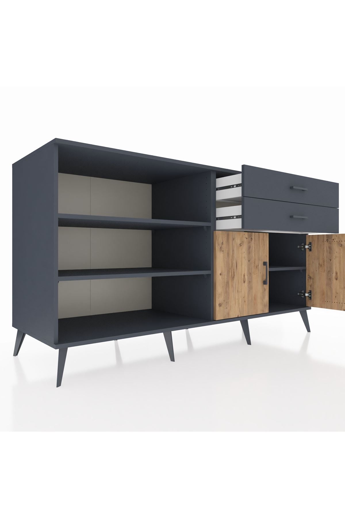 Kronos Konsol 3 Raflı 2 Çekmeceli 2 Kapaklı 176x59x99 Antrasit-Çam/Antrasit