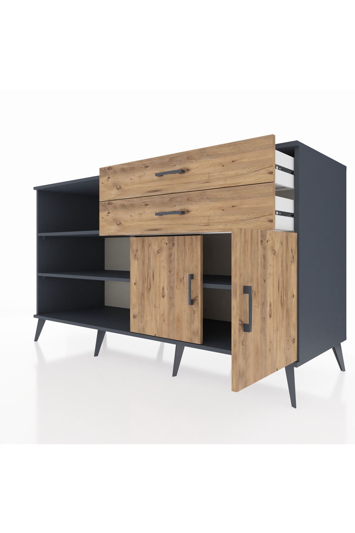 Kronos Konsol 3 Raflı 2 Çekmeceli 2 Kapaklı 176x59x99 Antrasit-Çam