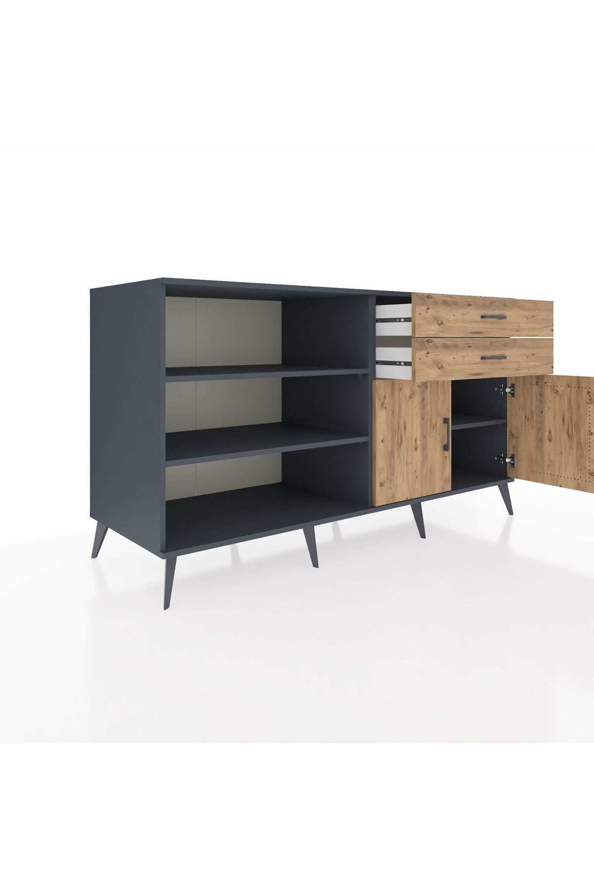 Kronos Konsol 3 Raflı 2 Çekmeceli 2 Kapaklı 176x59x99 Antrasit-Çam