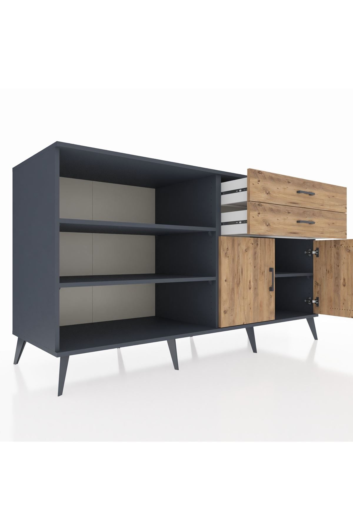 Kronos Konsol 3 Raflı 2 Çekmeceli 2 Kapaklı 176x59x99 Antrasit-Çam