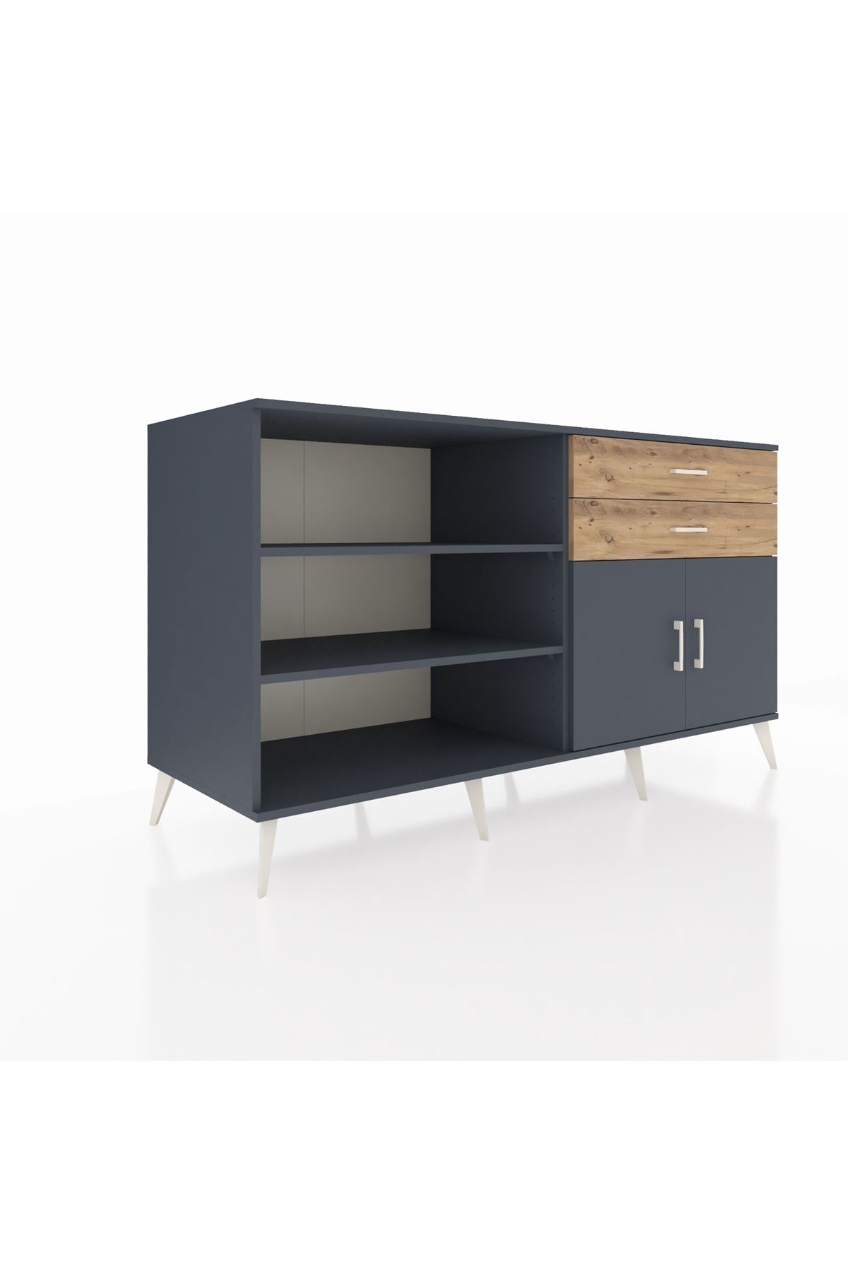 Kronos Konsol 3 Raflı 2 Çekmeceli 2 Kapaklı 176x59x99 Antrasit-Antrasit/Çam