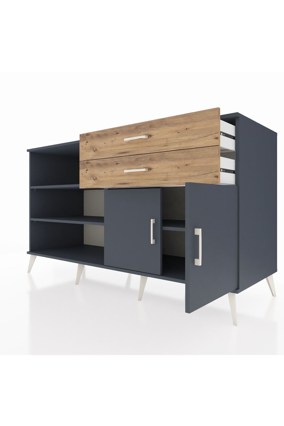 Kronos Konsol 3 Raflı 2 Çekmeceli 2 Kapaklı 176x59x99 Antrasit-Antrasit/Çam