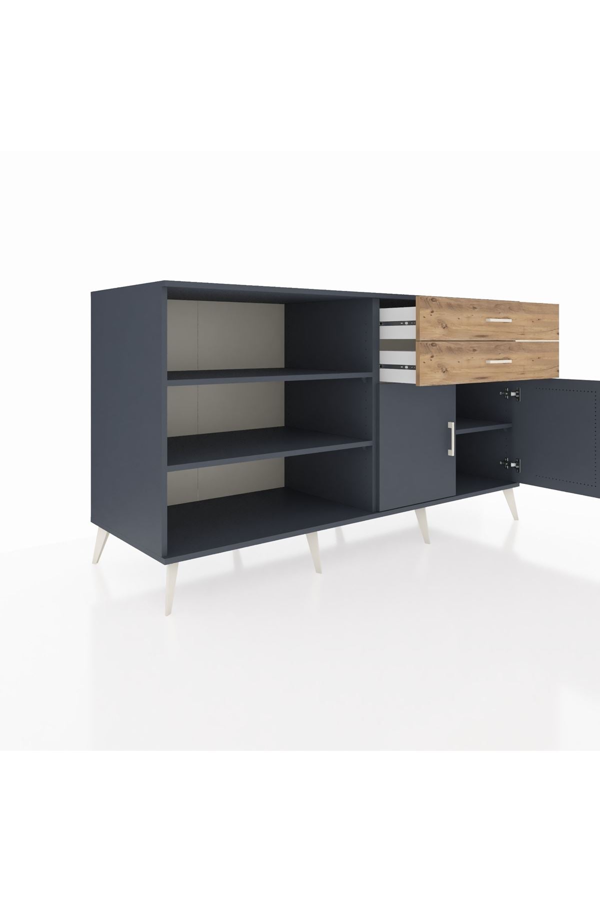 Kronos Konsol 3 Raflı 2 Çekmeceli 2 Kapaklı 176x59x99 Antrasit-Antrasit/Çam