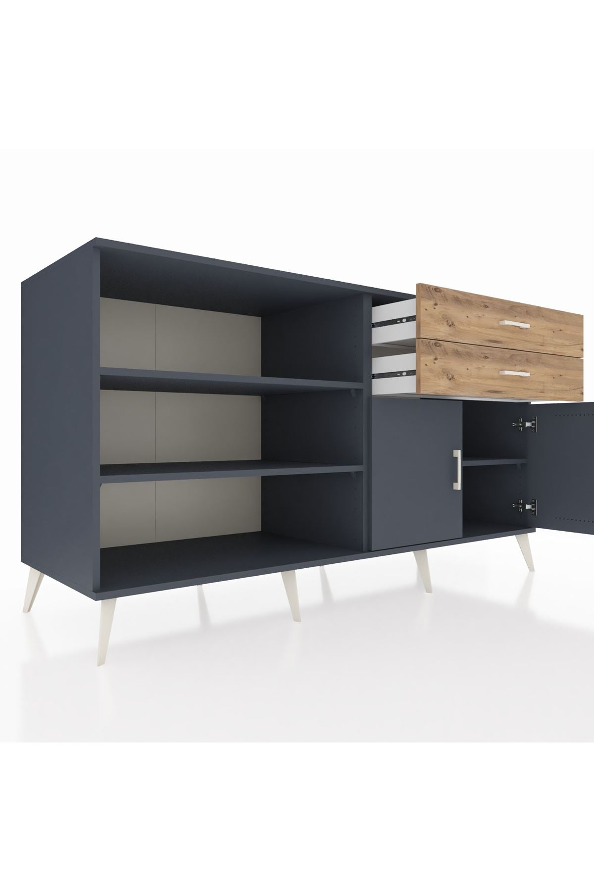 Kronos Konsol 3 Raflı 2 Çekmeceli 2 Kapaklı 176x59x99 Antrasit-Antrasit/Çam