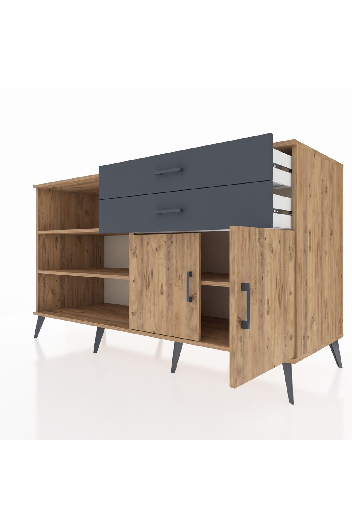 Kronos Konsol 3 Raflı 2 Çekmeceli 2 Kapaklı 176x59x99 Çam-Çam/Antrasit
