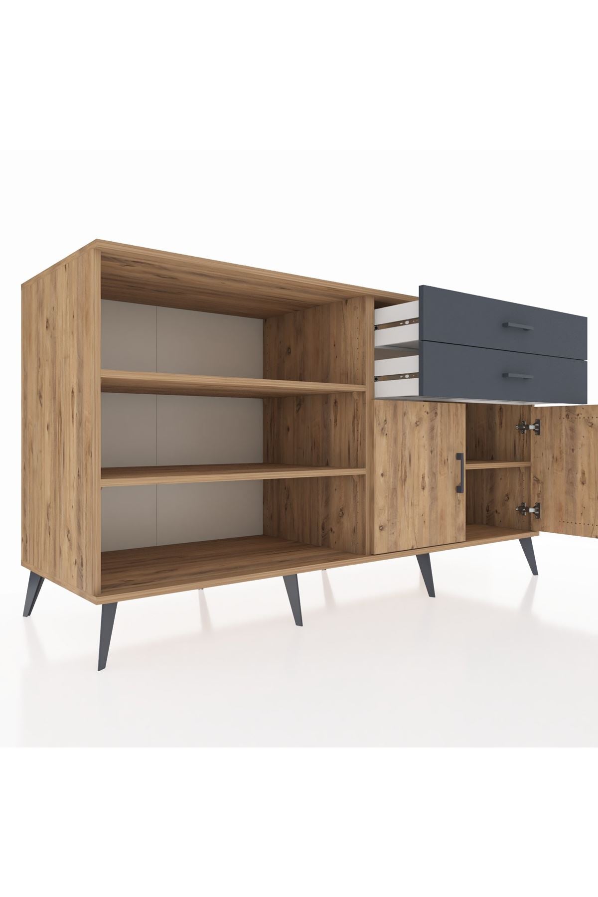 Kronos Konsol 3 Raflı 2 Çekmeceli 2 Kapaklı 176x59x99 Çam-Çam/Antrasit