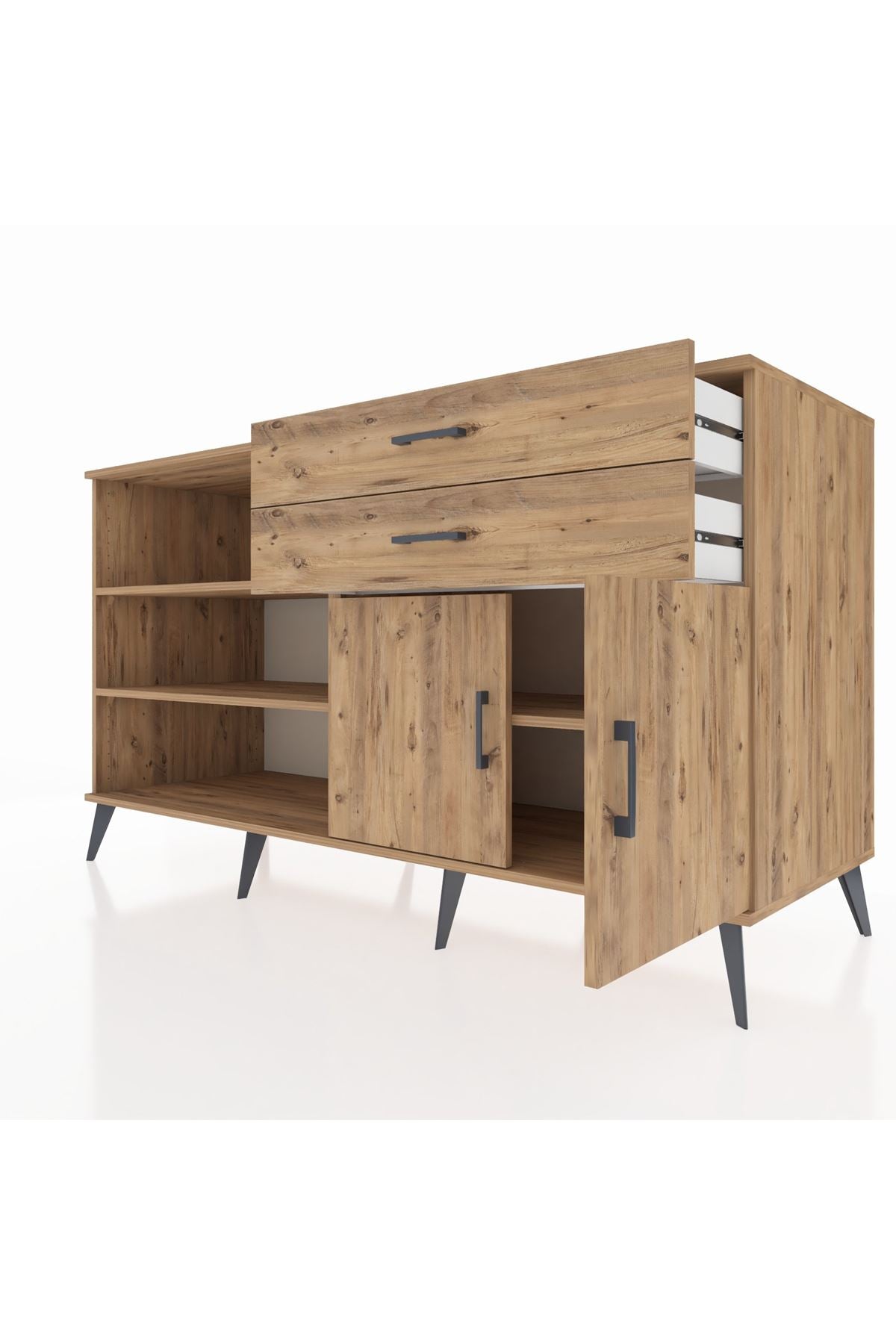 Kronos Konsol 3 Raflı 2 Çekmeceli 2 Kapaklı 176x59x99 Çam-Çam