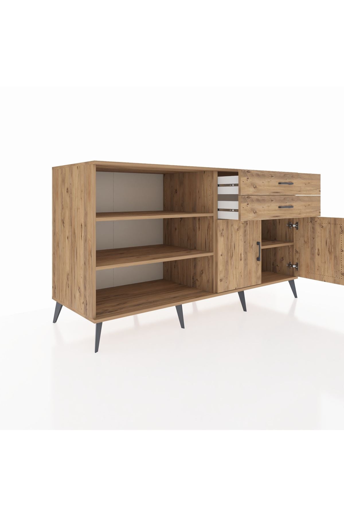 Kronos Konsol 3 Raflı 2 Çekmeceli 2 Kapaklı 176x59x99 Çam-Çam