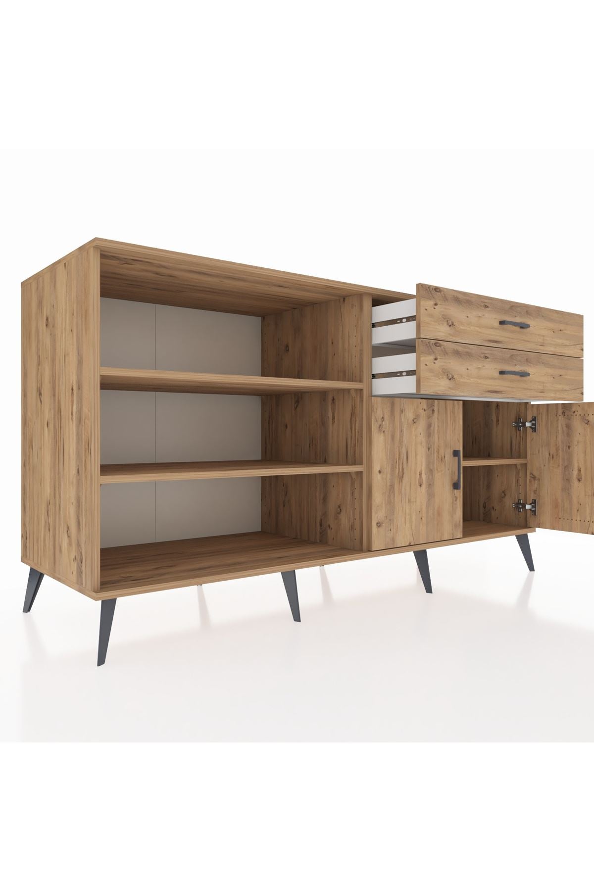 Kronos Konsol 3 Raflı 2 Çekmeceli 2 Kapaklı 176x59x99 Çam-Çam