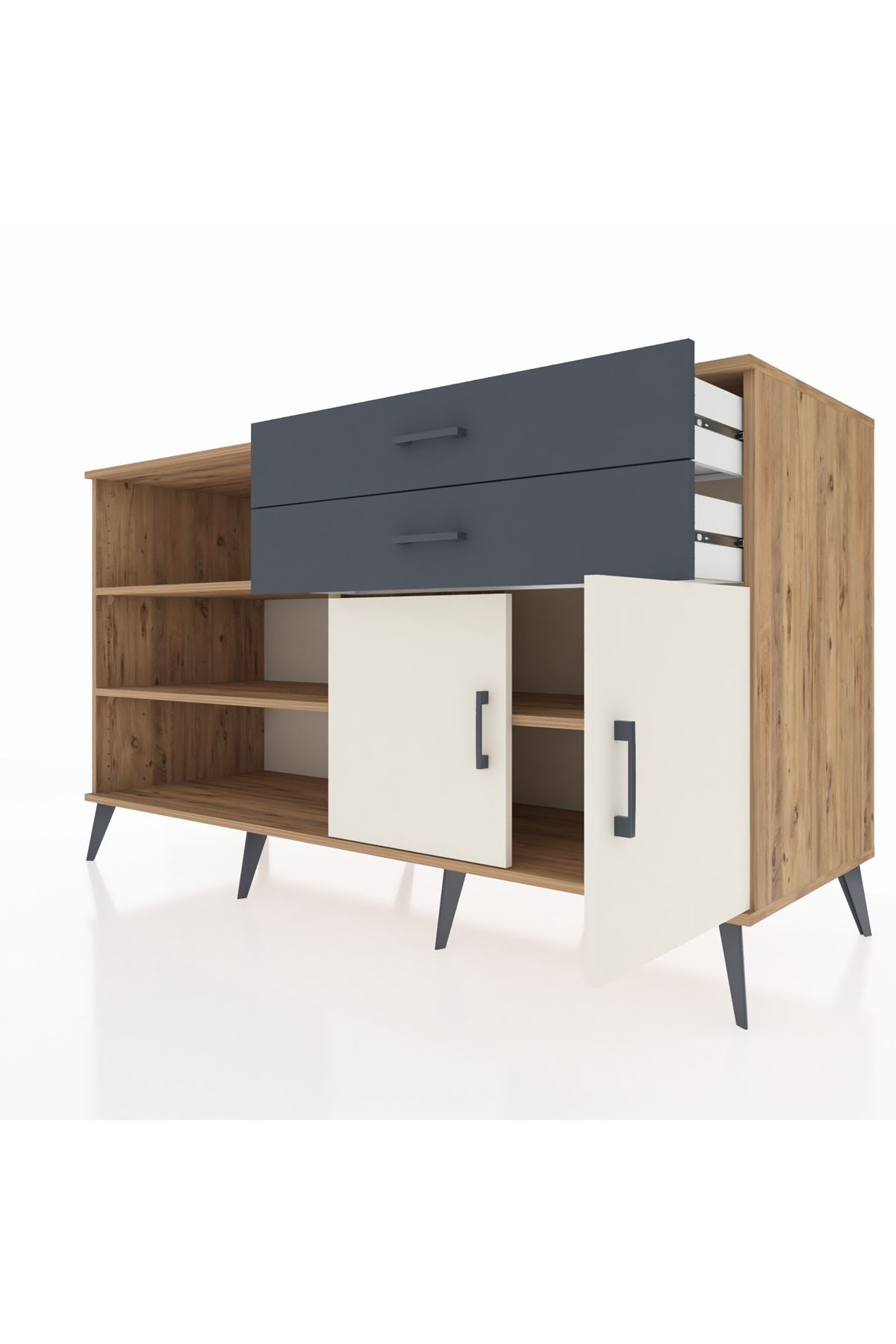 Kronos Konsol 3 Raflı 2 Çekmeceli 2 Kapaklı 176x59x99 Çam-Aytaşı/Antrasit