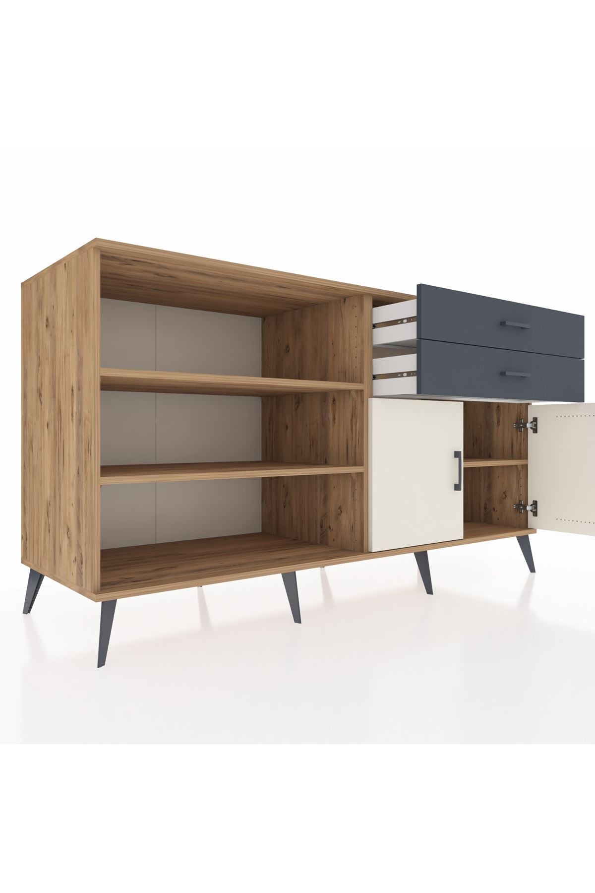 Kronos Konsol 3 Raflı 2 Çekmeceli 2 Kapaklı 176x59x99 Çam-Aytaşı/Antrasit