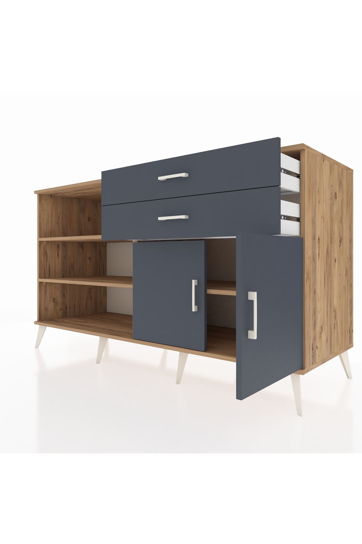 Kronos Konsol 3 Raflı 2 Çekmeceli 2 Kapaklı 176x59x99 Çam-Antrasit