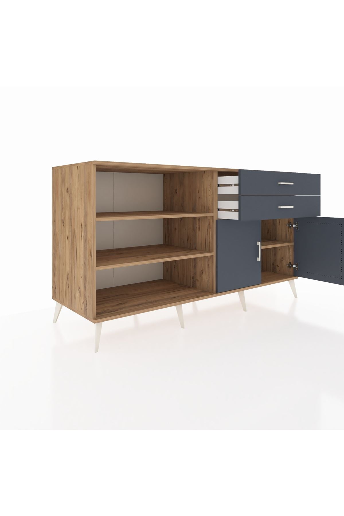 Kronos Konsol 3 Raflı 2 Çekmeceli 2 Kapaklı 176x59x99 Çam-Antrasit