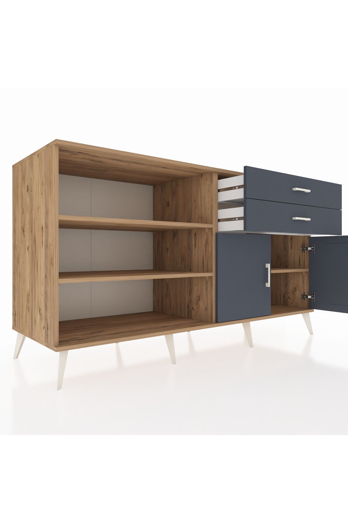 Kronos Konsol 3 Raflı 2 Çekmeceli 2 Kapaklı 176x59x99 Çam-Antrasit