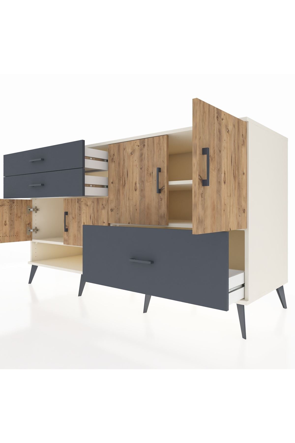 Kronos Konsol 3 Raflı 3 Çekmeceli 4 Kapaklı 176x59x99 Aytaşı-Çam/Antrasit