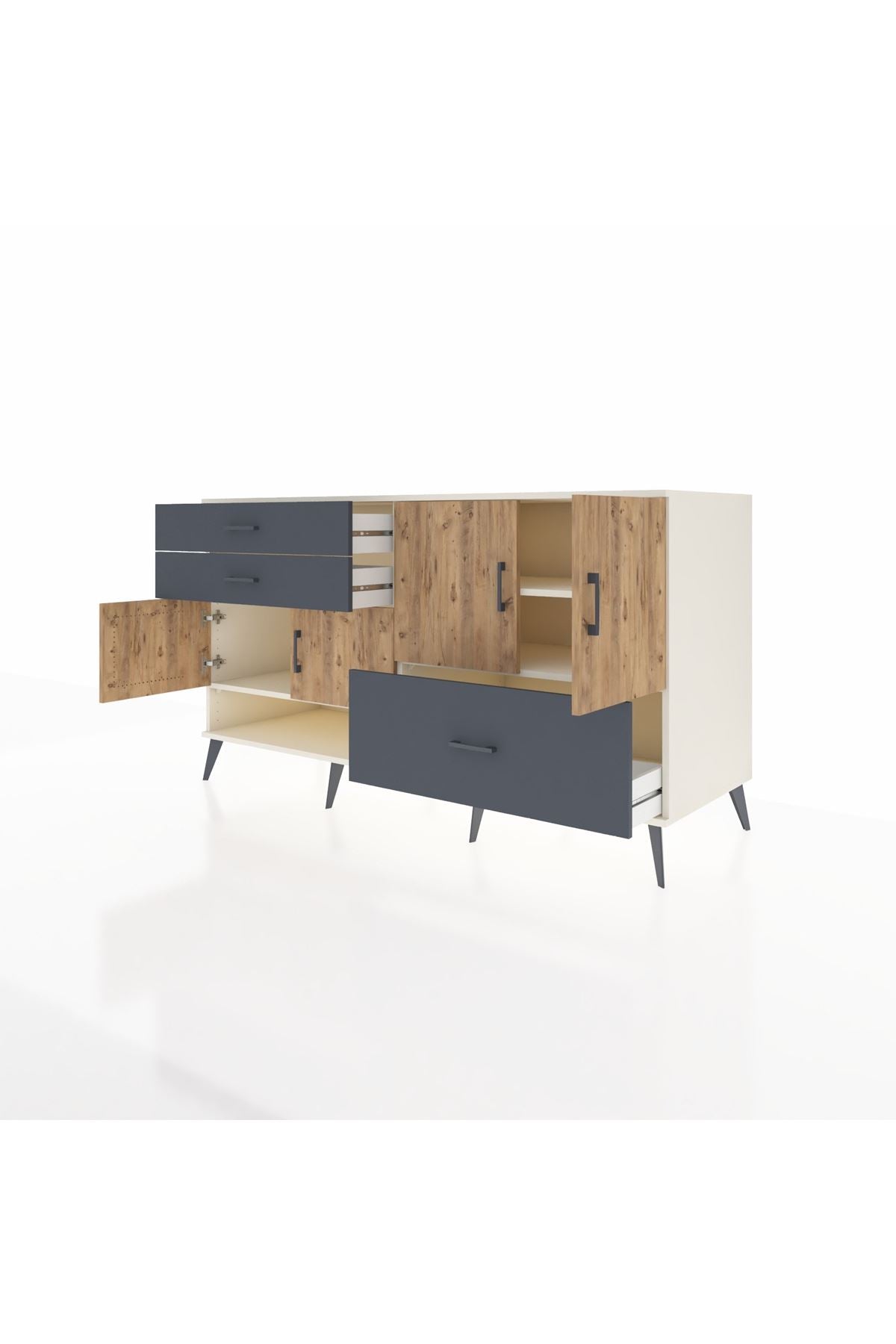 Kronos Konsol 3 Raflı 3 Çekmeceli 4 Kapaklı 176x59x99 Aytaşı-Çam/Antrasit