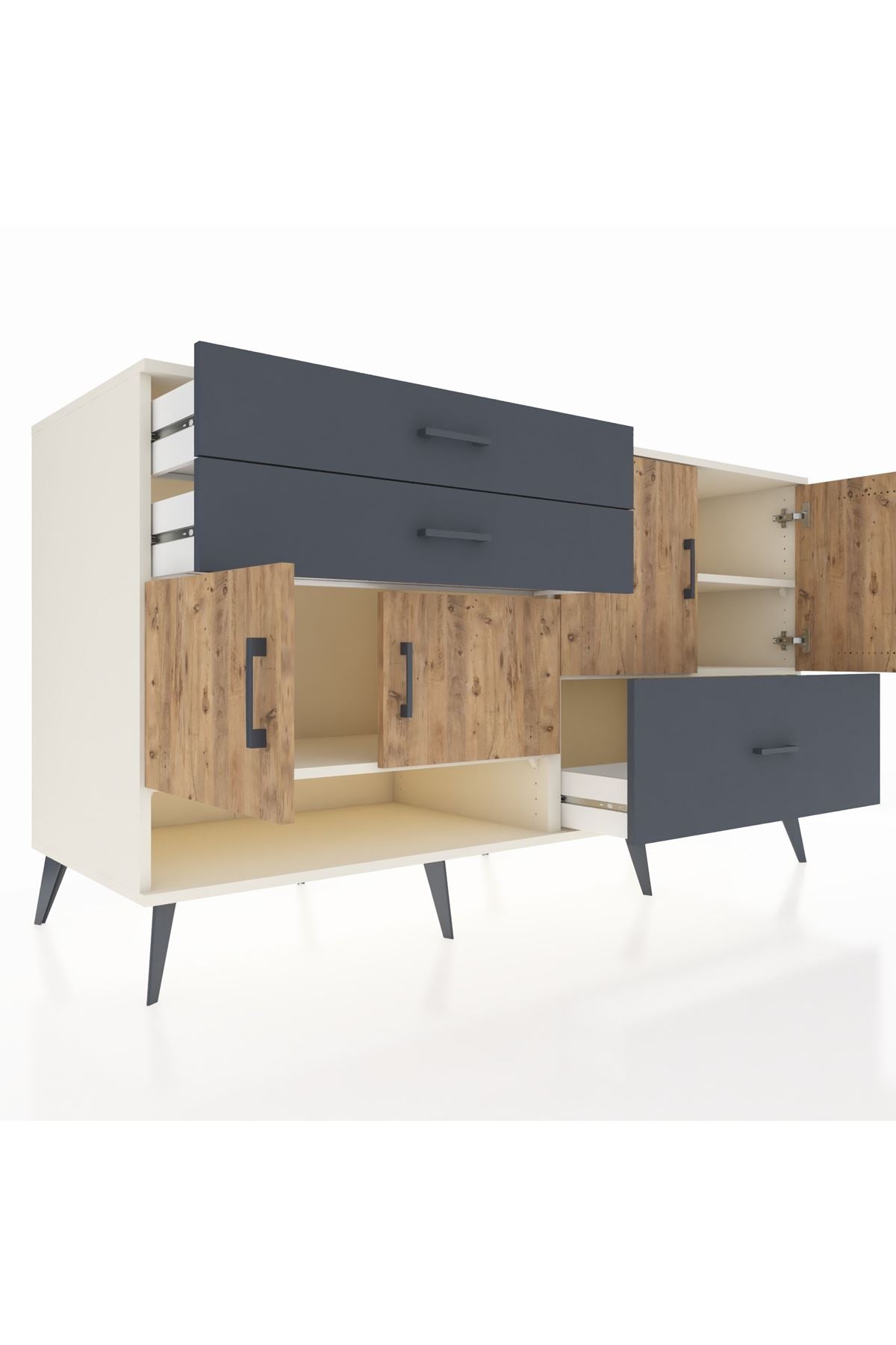 Kronos Konsol 3 Raflı 3 Çekmeceli 4 Kapaklı 176x59x99 Aytaşı-Çam/Antrasit