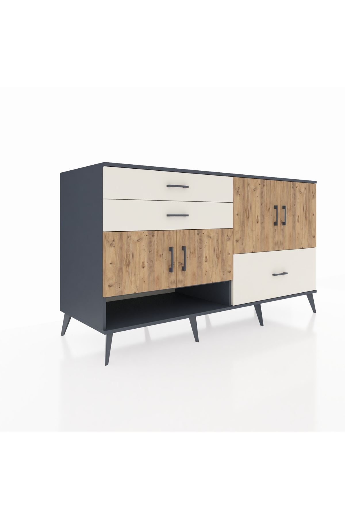 Kronos Konsol 3 Raflı 3 Çekmeceli 4 Kapaklı 176x59x99 Antrasit-Çam/Aytaşı
