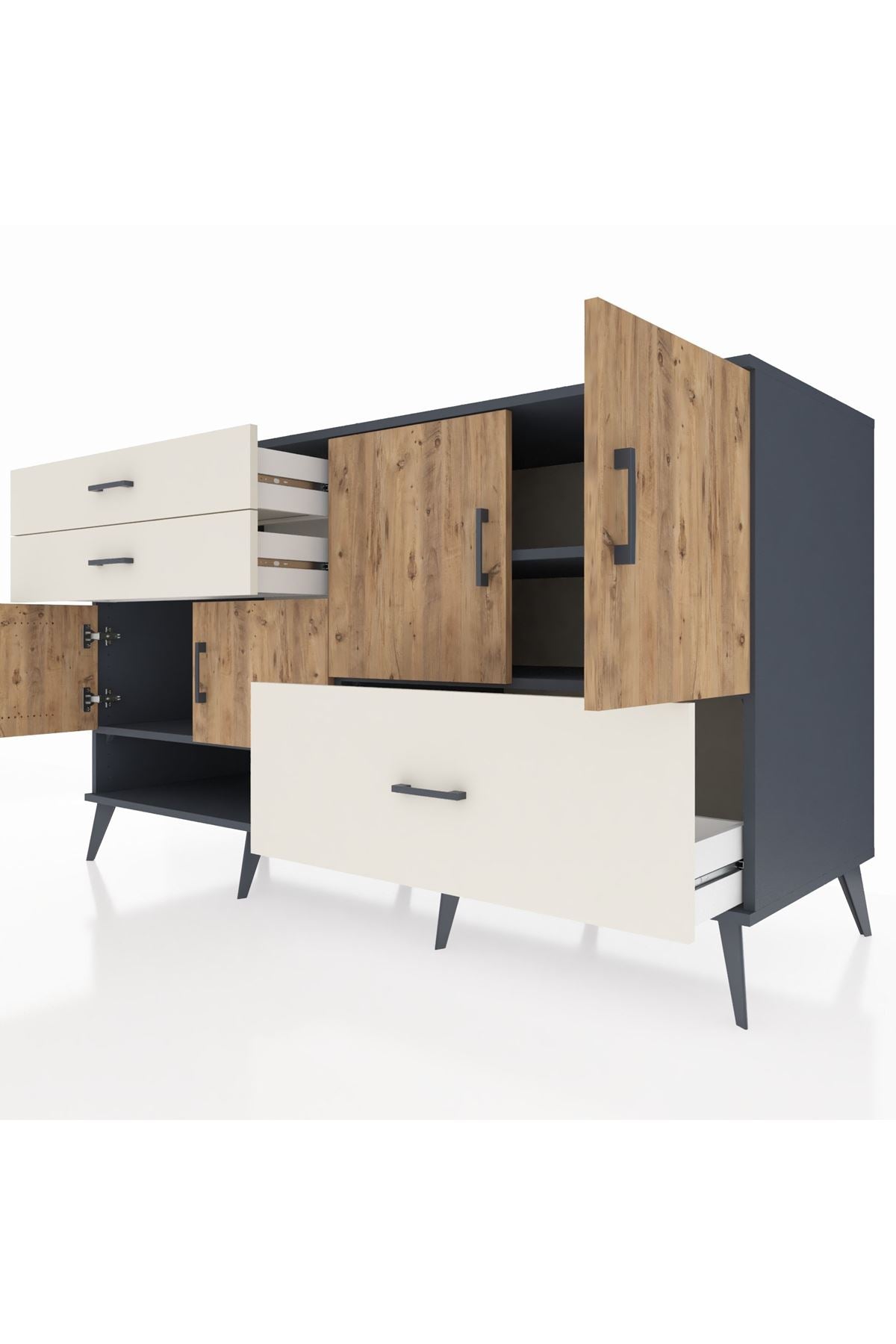 Kronos Konsol 3 Raflı 3 Çekmeceli 4 Kapaklı 176x59x99 Antrasit-Çam/Aytaşı