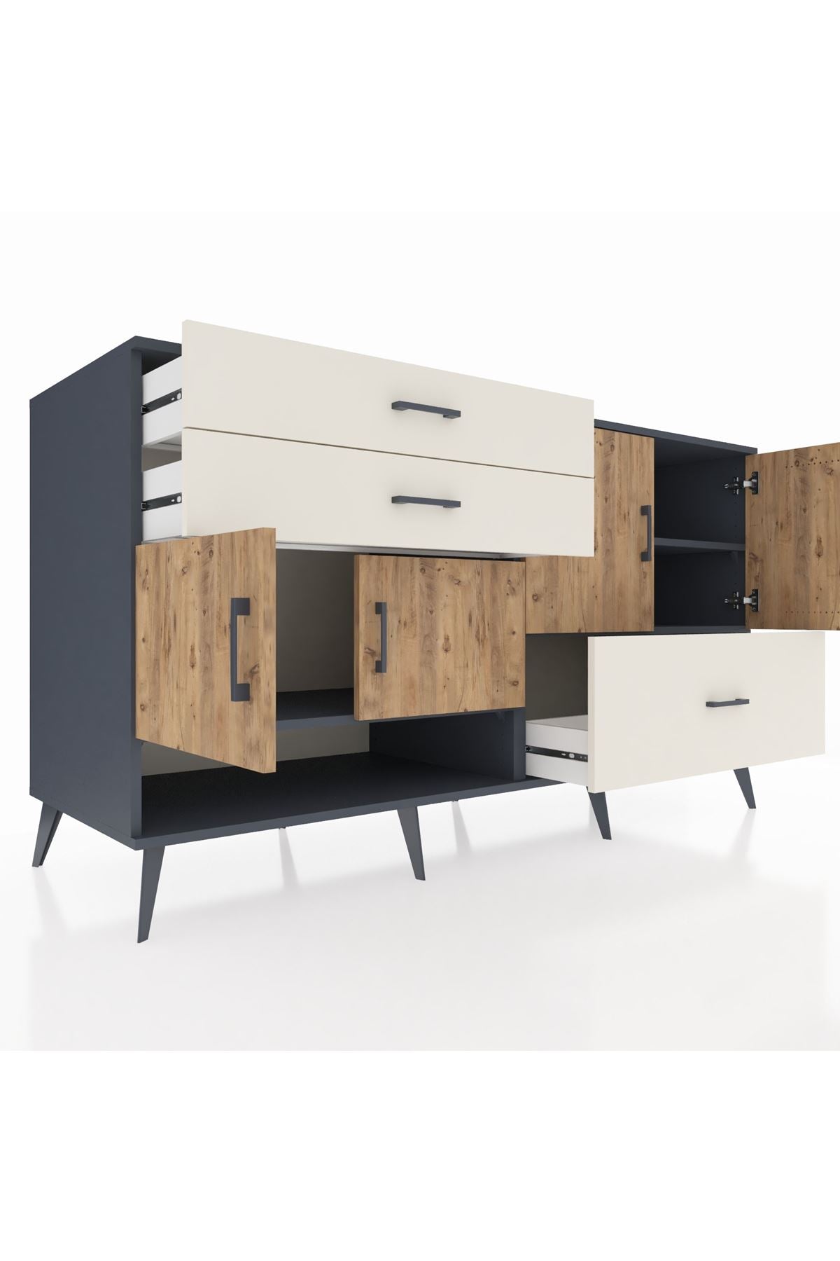 Kronos Konsol 3 Raflı 3 Çekmeceli 4 Kapaklı 176x59x99 Antrasit-Çam/Aytaşı