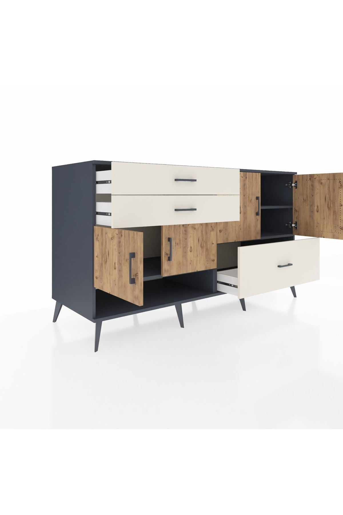 Kronos Konsol 3 Raflı 3 Çekmeceli 4 Kapaklı 176x59x99 Antrasit-Çam/Aytaşı