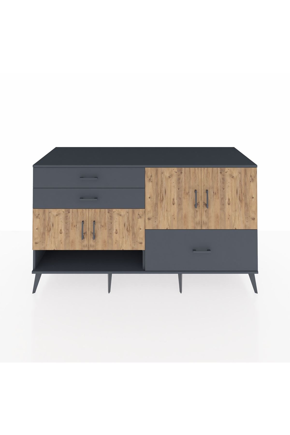 Kronos Konsol 3 Raflı 3 Çekmeceli 4 Kapaklı 176x59x99 Antrasit-Çam/Antrasit