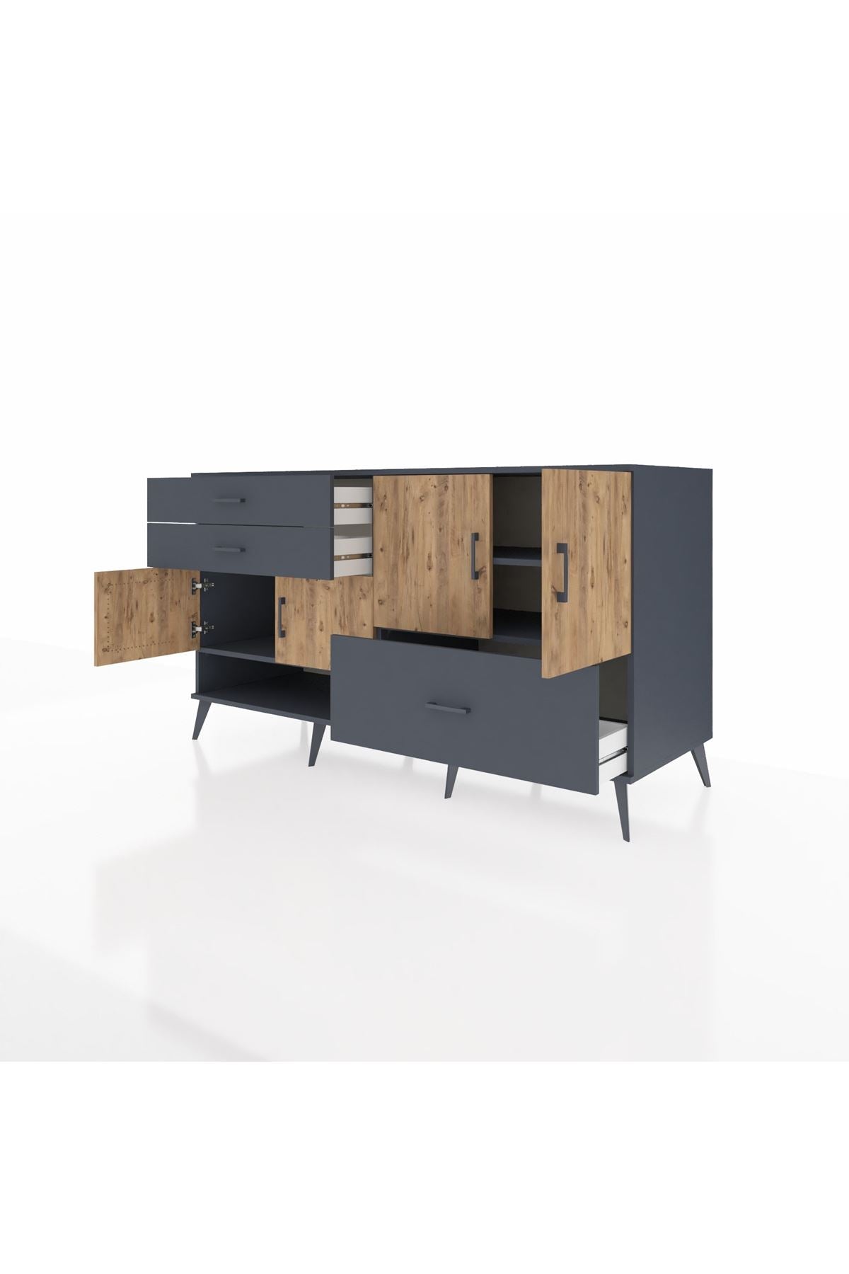 Kronos Konsol 3 Raflı 3 Çekmeceli 4 Kapaklı 176x59x99 Antrasit-Çam/Antrasit