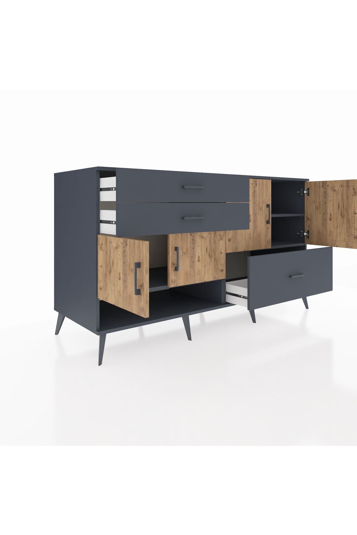 Kronos Konsol 3 Raflı 3 Çekmeceli 4 Kapaklı 176x59x99 Antrasit-Çam/Antrasit