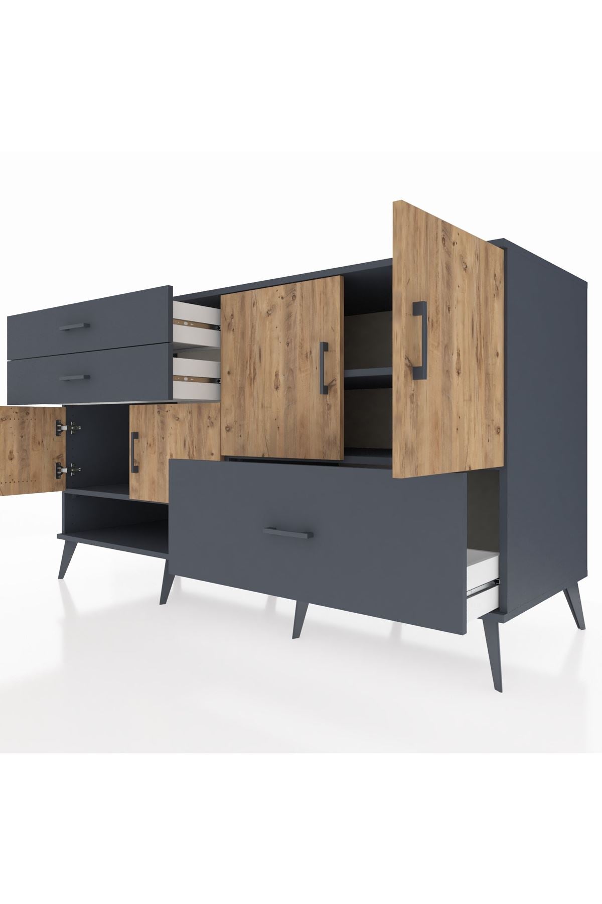 Kronos Konsol 3 Raflı 3 Çekmeceli 4 Kapaklı 176x59x99 Antrasit-Çam/Antrasit