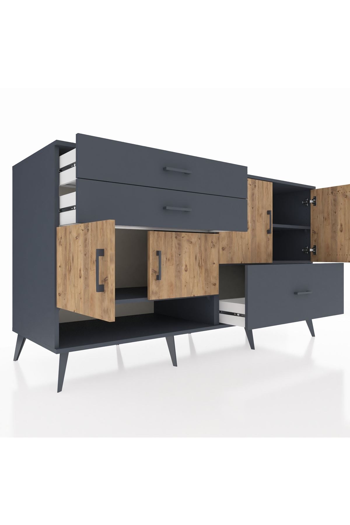 Kronos Konsol 3 Raflı 3 Çekmeceli 4 Kapaklı 176x59x99 Antrasit-Çam/Antrasit