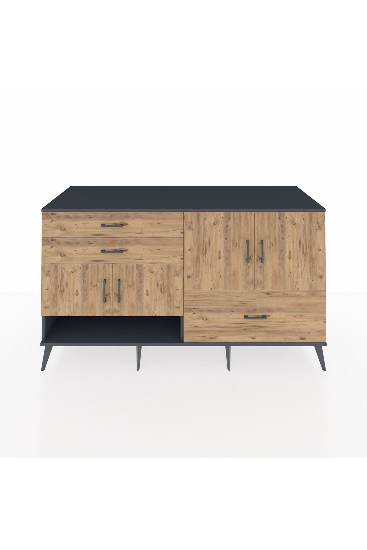 Kronos Konsol 3 Raflı 3 Çekmeceli 4 Kapaklı 176x59x99 Antrasit-Çam