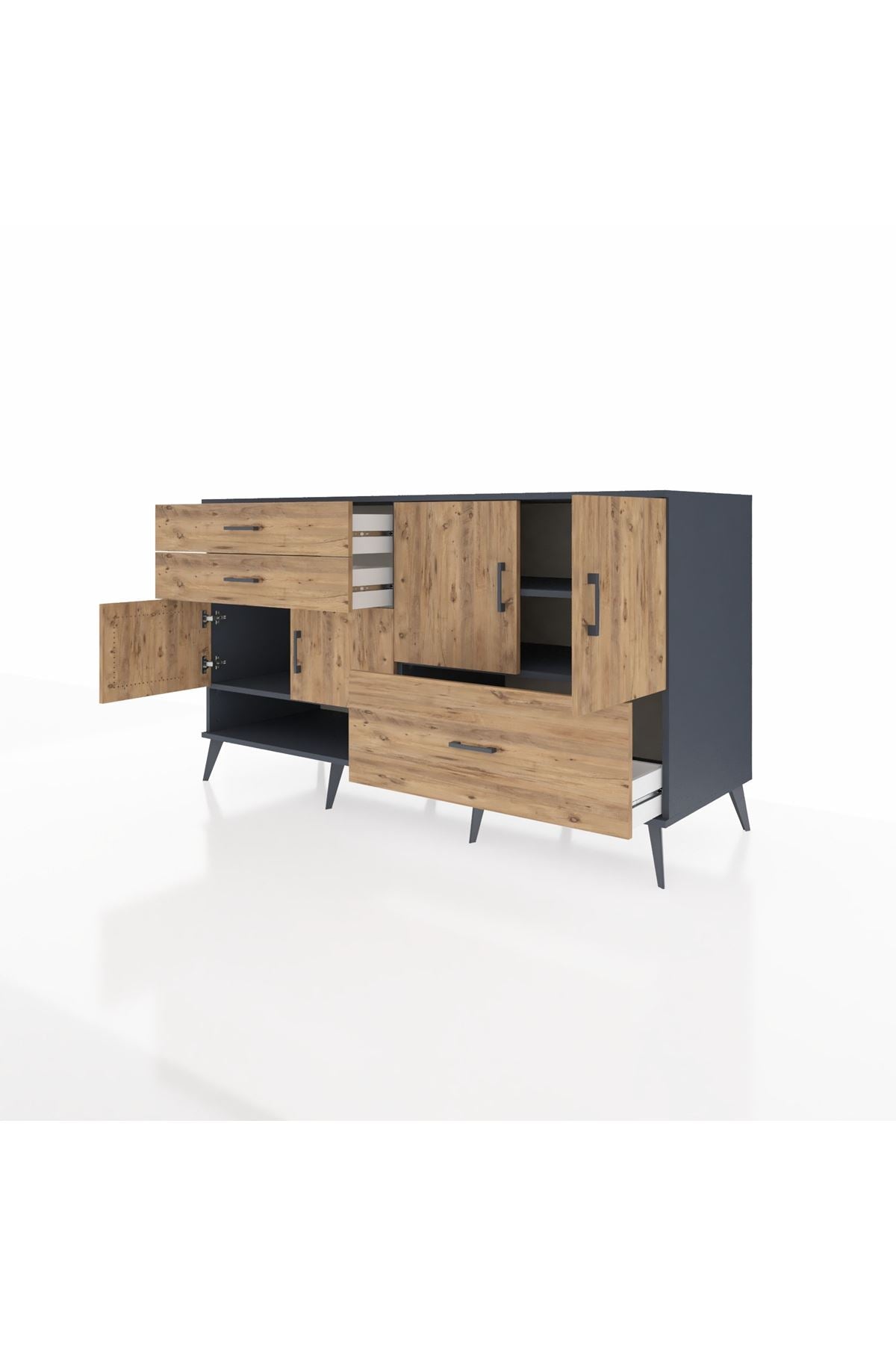 Kronos Konsol 3 Raflı 3 Çekmeceli 4 Kapaklı 176x59x99 Antrasit-Çam