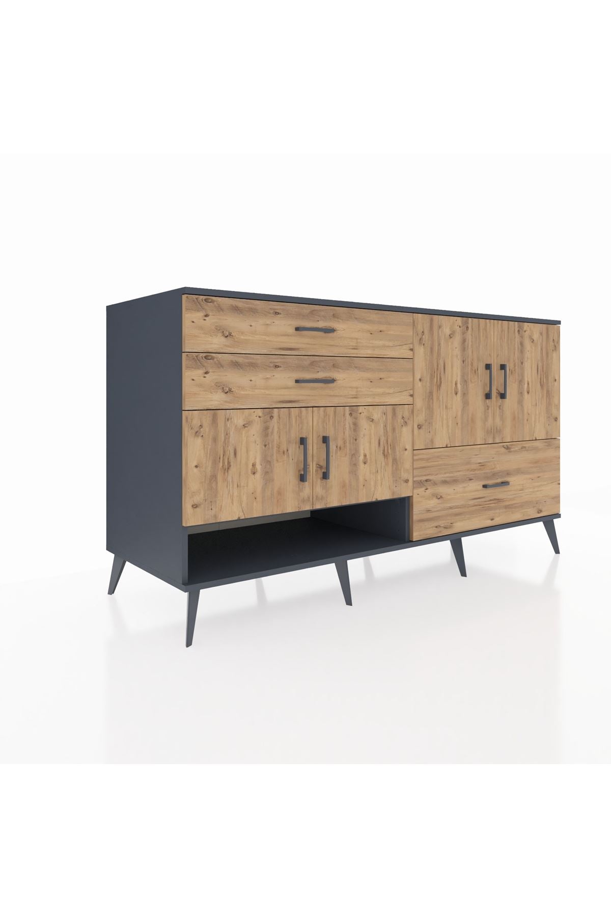 Kronos Konsol 3 Raflı 3 Çekmeceli 4 Kapaklı 176x59x99 Antrasit-Çam